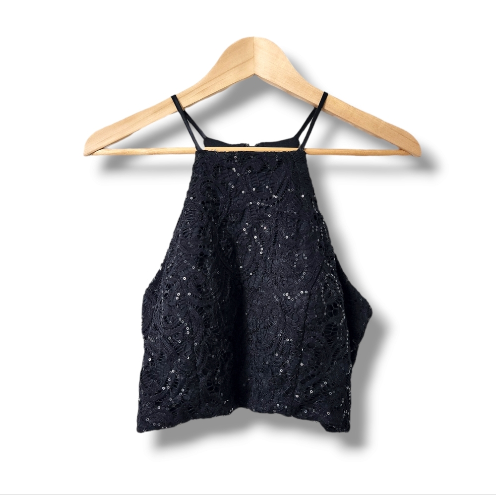 Lacey Sequined High Neck Sleeveless Crop Tank by Nights by Teeze Me | 7/8